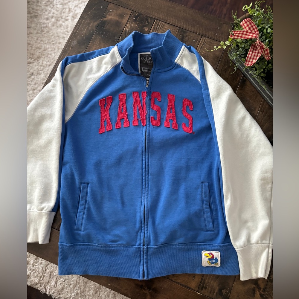 Kansas University Colosseum Blue and White Varsity Jacket with Stand-Up Collar